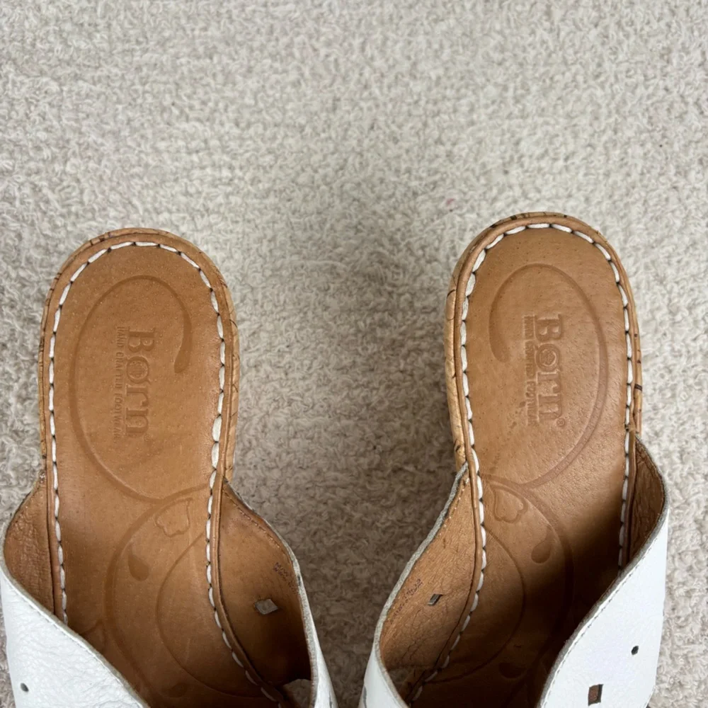 Born Sandals Womens 10 White Cork Canova Wedge Slip On‎ Peep Toe Leather Comfort